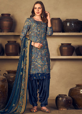 3 Pc Navy Blue Unstitched Silk Suit Set With Dupatta VDSL1110250 - Indian Silk House Agencies