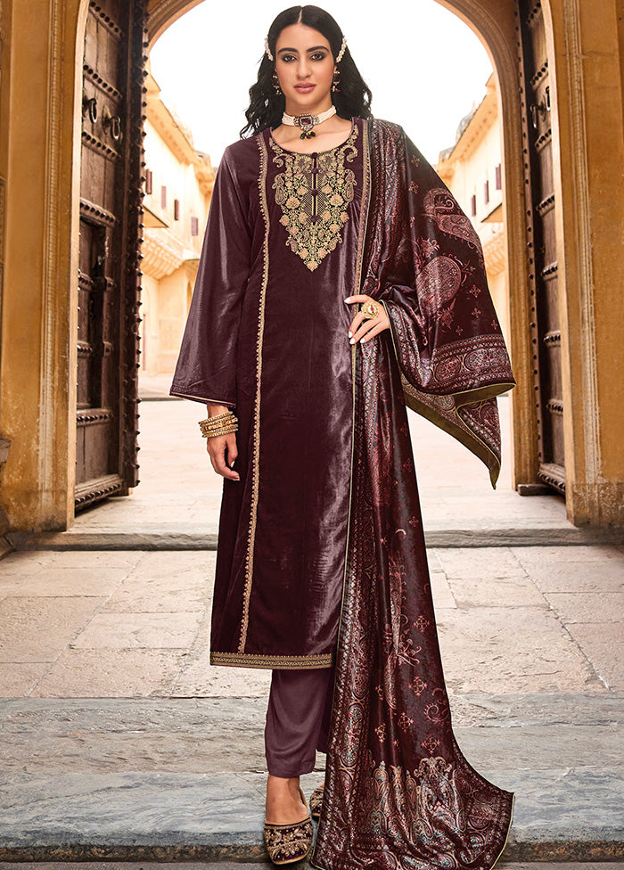 3 Pc Maroon Unstitched Velvet Suit Set With Dupatta VDSL1410222 - Indian Silk House Agencies