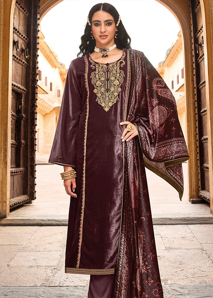 3 Pc Maroon Unstitched Velvet Suit Set With Dupatta VDSL1410222 - Indian Silk House Agencies