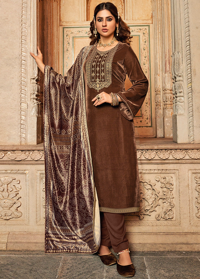 3 Pc Brown Unstitched Velvet Suit Set With Dupatta VDSL1410225 - Indian Silk House Agencies