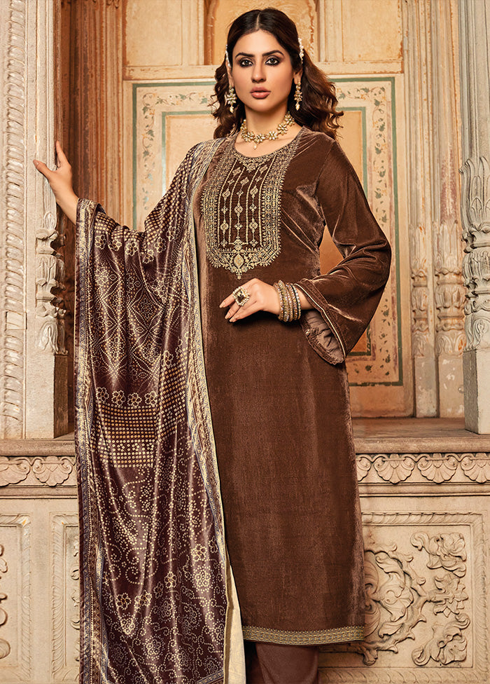 3 Pc Brown Unstitched Velvet Suit Set With Dupatta VDSL1410225 - Indian Silk House Agencies