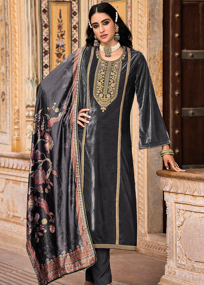 3 Pc Grey Unstitched Velvet Suit Set With Dupatta VDSL1410226 - Indian Silk House Agencies