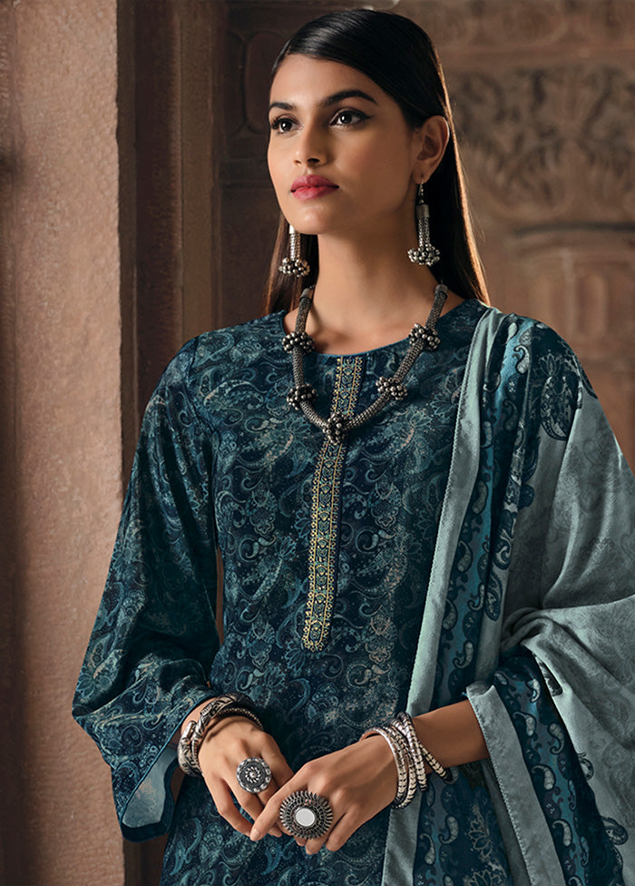 3 Pc Blue Unstitched Silk Suit Set With Dupatta VDSL1410238 - Indian Silk House Agencies