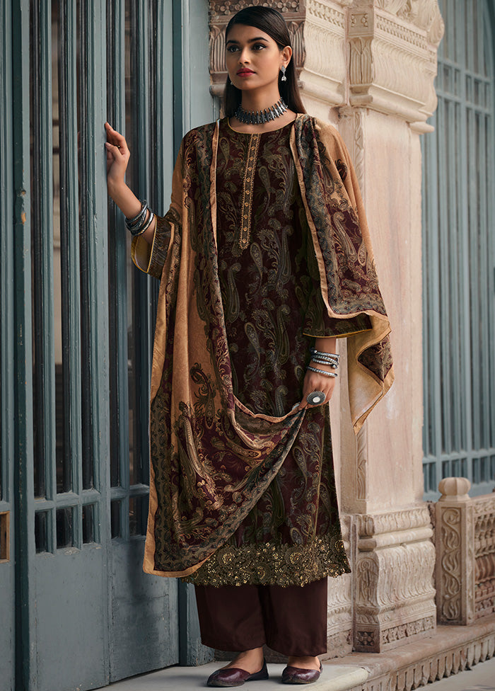 3 Pc Brown Unstitched Silk Suit Set With Dupatta VDSL1410239 - Indian Silk House Agencies