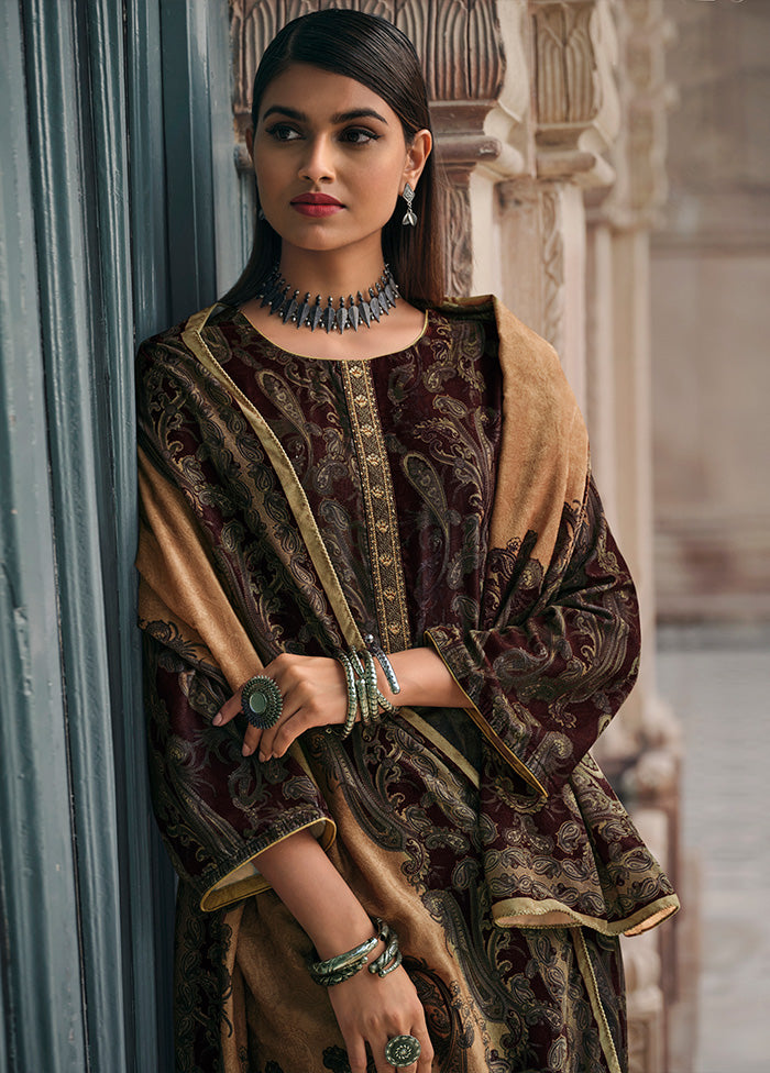 3 Pc Brown Unstitched Silk Suit Set With Dupatta VDSL1410239 - Indian Silk House Agencies