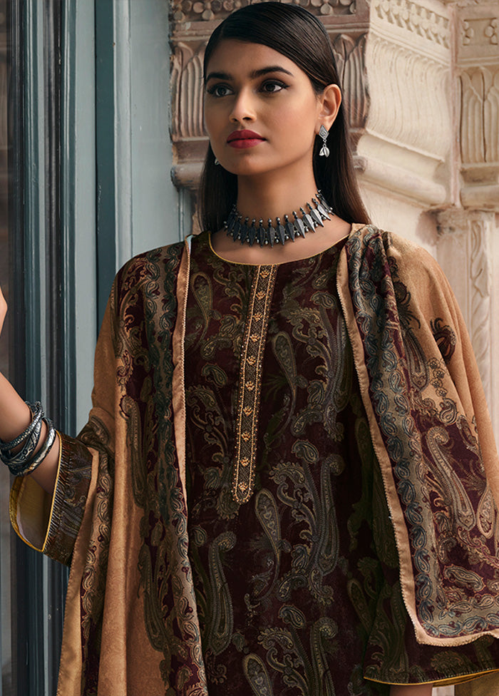 3 Pc Brown Unstitched Silk Suit Set