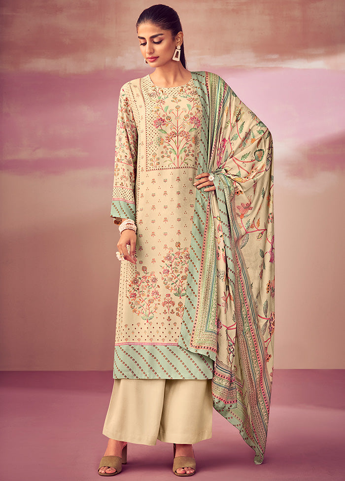3 Pc Beige Unstitched Silk Suit Set With Dupatta VDSL1410227 - Indian Silk House Agencies