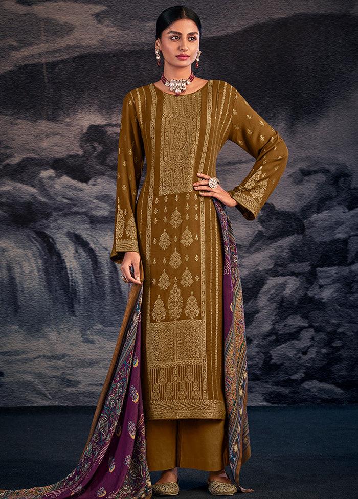 3 Pc Gold Unstitched Silk Suit Set With Dupatta VDSL1410248 - Indian Silk House Agencies