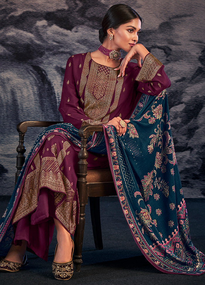 3 Pc Wine Unstitched Silk Suit Set With Dupatta VDSL1410250 - Indian Silk House Agencies