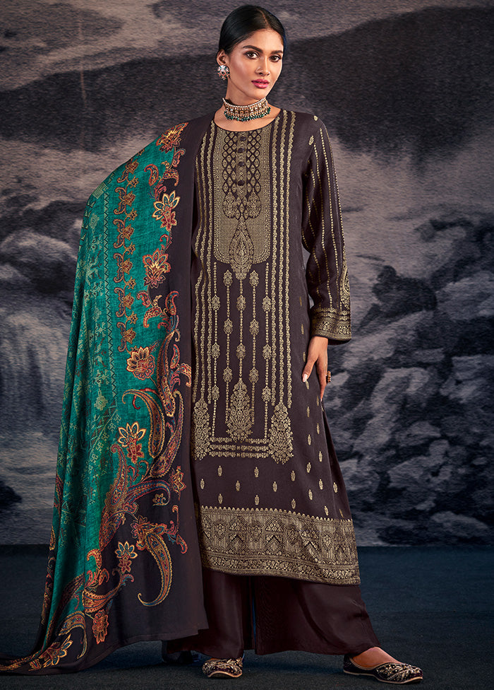 3 Pc Brown Unstitched Silk Suit Set With Dupatta VDSL1410251 - Indian Silk House Agencies