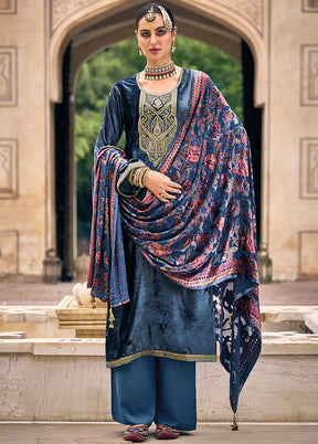 3 Pc Blue Unstitched Velvet Suit Set With Dupatta VDSL1410252 - Indian Silk House Agencies