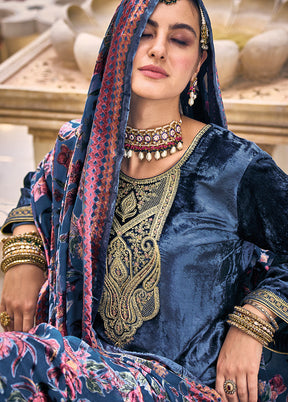 3 Pc Blue Unstitched Velvet Suit Set With Dupatta VDSL1410252 - Indian Silk House Agencies