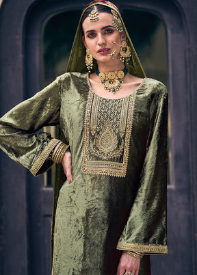 3 Pc Green Unstitched Velvet Suit Set With Dupatta VDSL1410255 - Indian Silk House Agencies