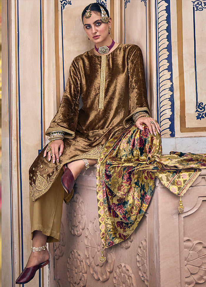 3 Pc Gold Unstitched Velvet Suit Set With Dupatta VDSL1410256 - Indian Silk House Agencies