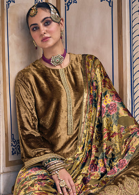 3 Pc Gold Unstitched Velvet Suit Set With Dupatta VDSL1410256 - Indian Silk House Agencies