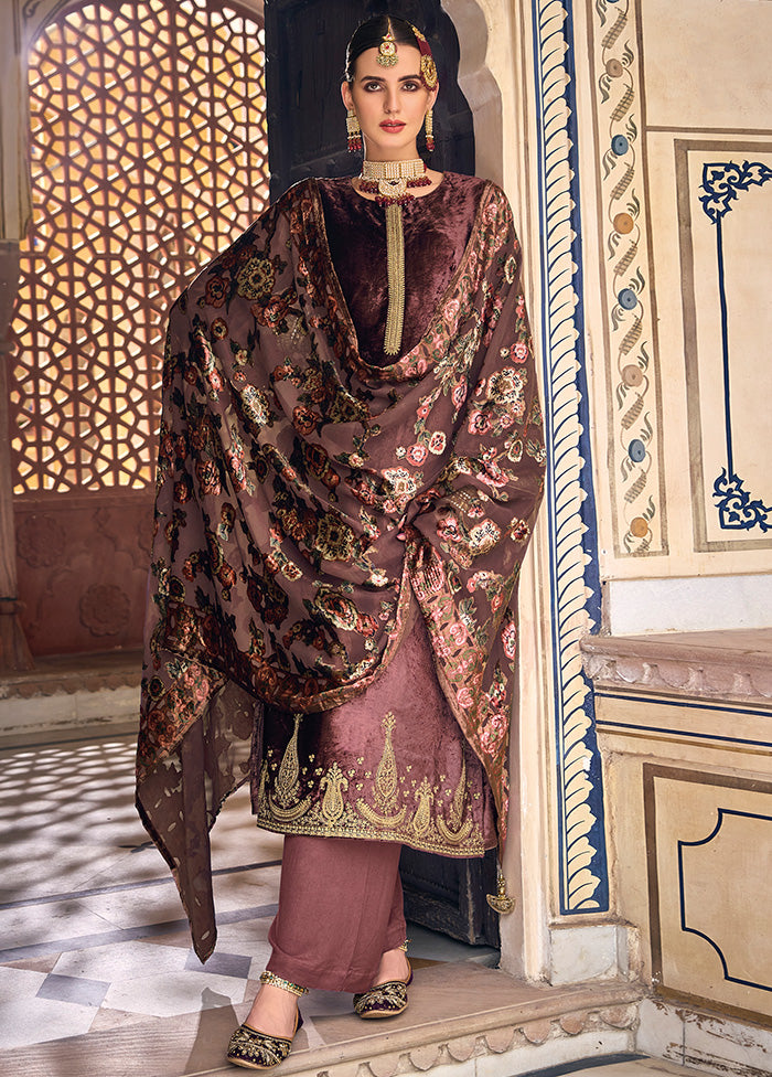 3 Pc Brown Unstitched Velvet Suit Set With Dupatta VDSL1410257 - Indian Silk House Agencies