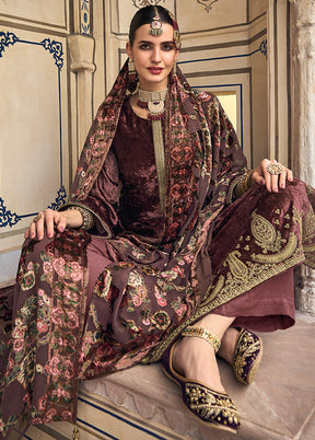 3 Pc Brown Unstitched Velvet Suit Set With Dupatta VDSL1410257 - Indian Silk House Agencies