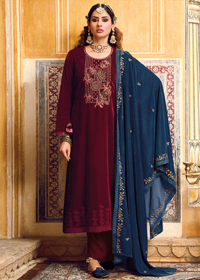 3 Pc Maroon Unstitched Velvet Suit Set VDSL1111221 - Indian Silk House Agencies