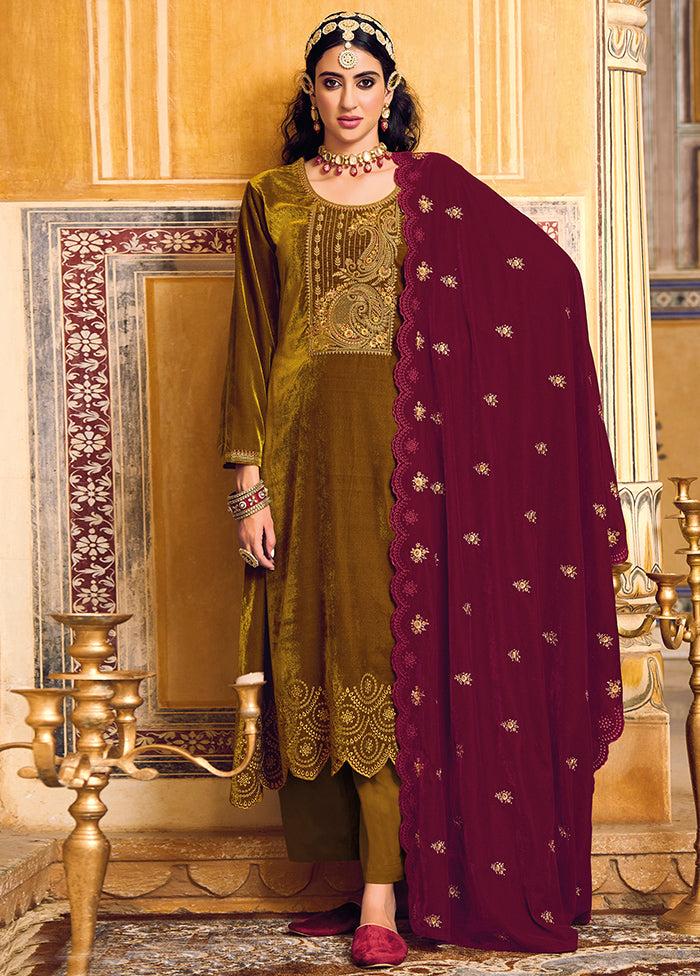 3 Pc Gold Unstitched Velvet Suit Set VDSL1111222 - Indian Silk House Agencies