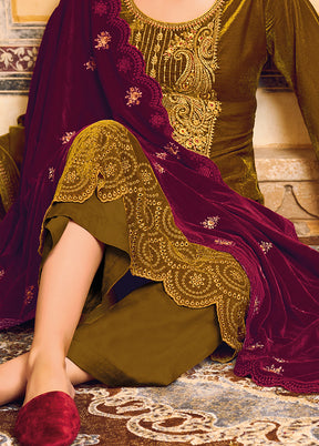 3 Pc Gold Unstitched Velvet Suit Set VDSL1111222 - Indian Silk House Agencies