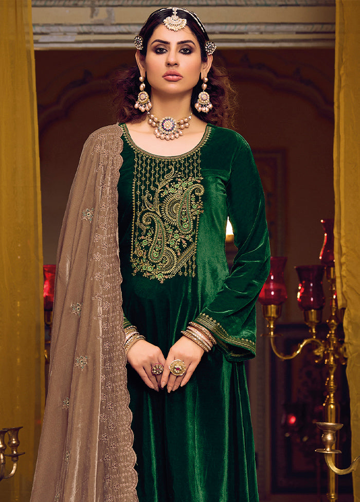 3 Pc Green Unstitched Velvet Suit Set VDSL1111223 - Indian Silk House Agencies