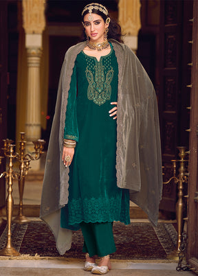 3 Pc Green Unstitched Velvet Suit Set VDSL1111224 - Indian Silk House Agencies
