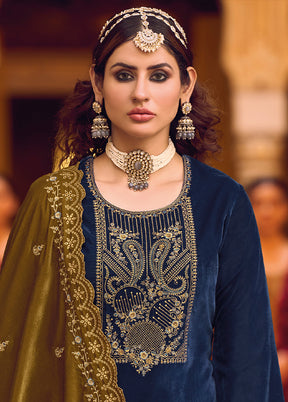 3 Pc Navy Blue Unstitched Velvet Suit Set VDSL1111226 - Indian Silk House Agencies