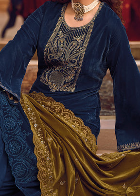 3 Pc Navy Blue Unstitched Velvet Suit Set VDSL1111226 - Indian Silk House Agencies