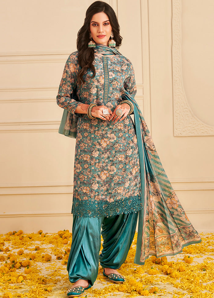 3 Pc Sky Blue Unstitched Crepe Suit Set With Dupatta VDSL2811225 - Indian Silk House Agencies
