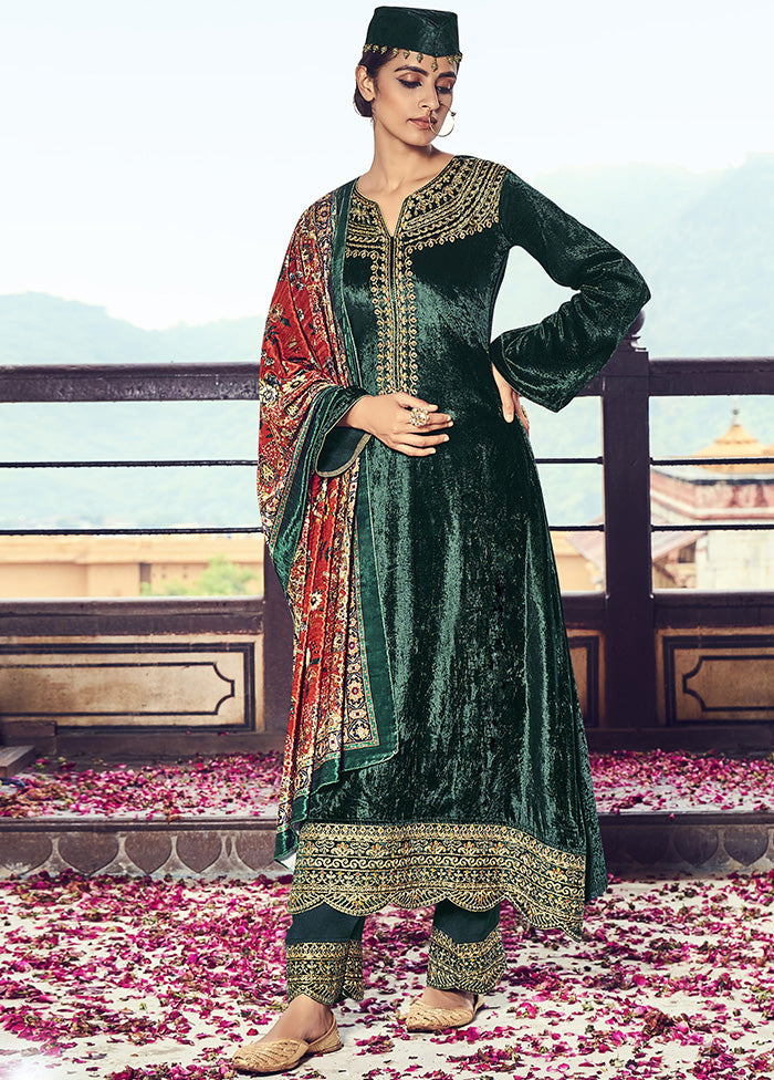 3 Pc Green Unstitched Velvet Suit Set With Dupatta VDSL2811227 - Indian Silk House Agencies