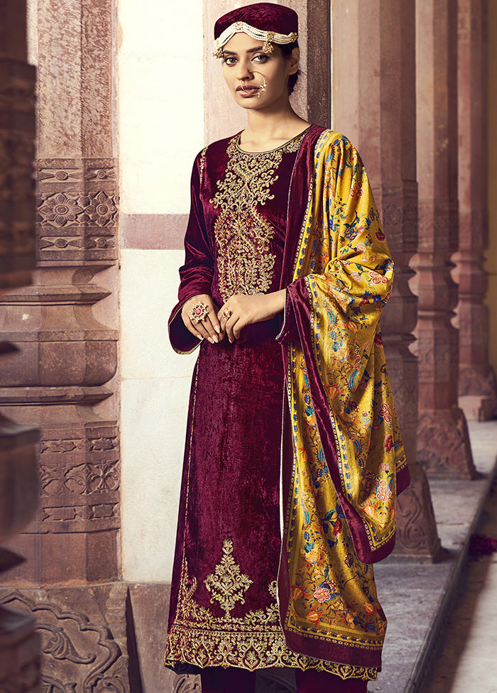 3 Pc Maroon Unstitched Velvet Suit Set With Dupatta VDSL2811228 - Indian Silk House Agencies