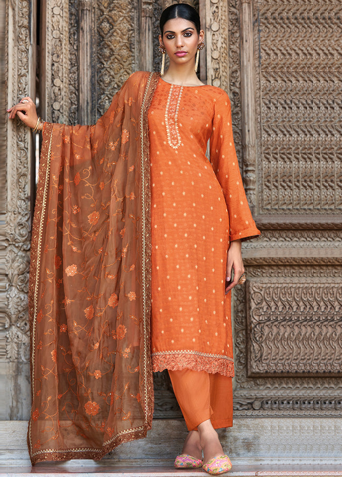 3 Pc Orange Unstitched Silk Suit Set With Dupatta VDSL2811236 - Indian Silk House Agencies