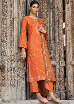 3 Pc Orange Unstitched Silk Suit Set With Dupatta VDSL2811236 - Indian Silk House Agencies