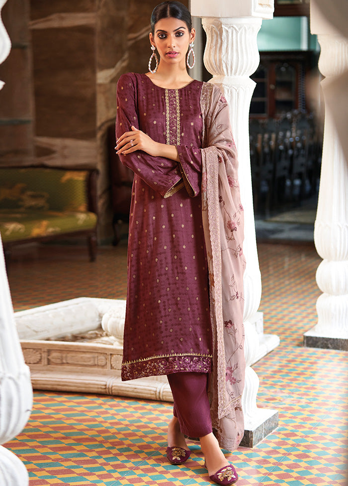 3 Pc Purple Unstitched Silk Suit Set With Dupatta VDSL2811237 - Indian Silk House Agencies