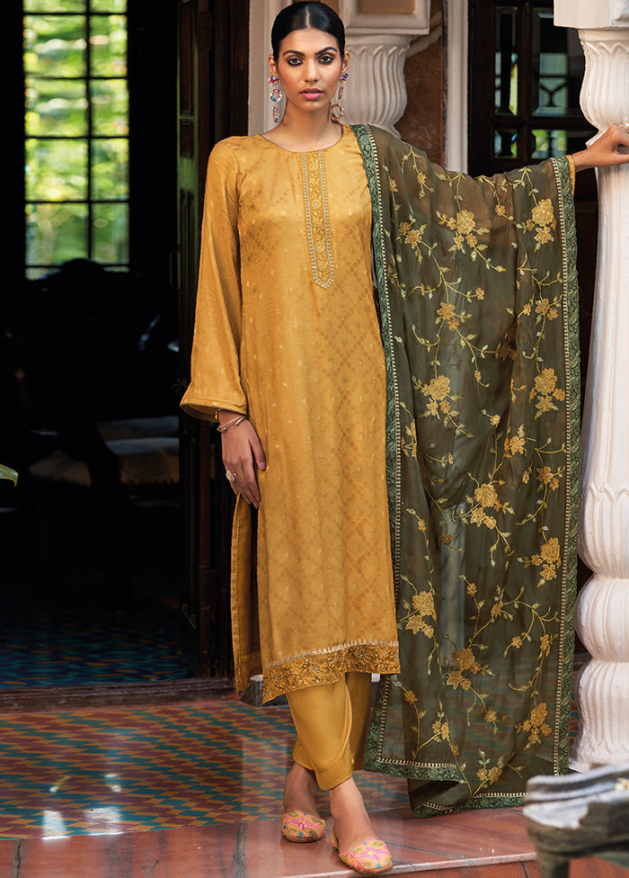 3 Pc Gold Unstitched Silk Suit Set With Dupatta VDSL2811238 - Indian Silk House Agencies