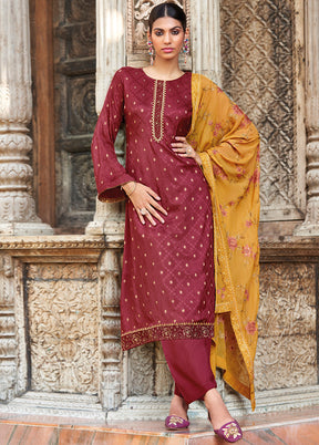 3 Pc Maroon Unstitched Silk Suit Set With Dupatta VDSL2811239 - Indian Silk House Agencies