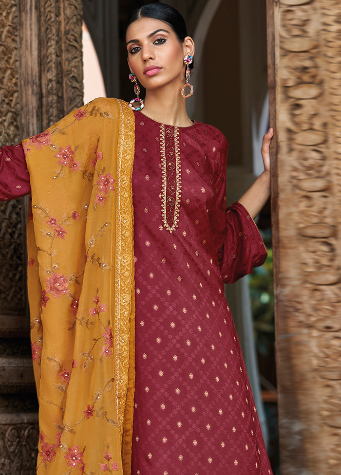 3 Pc Maroon Unstitched Silk Suit Set With Dupatta VDSL2811239 - Indian Silk House Agencies