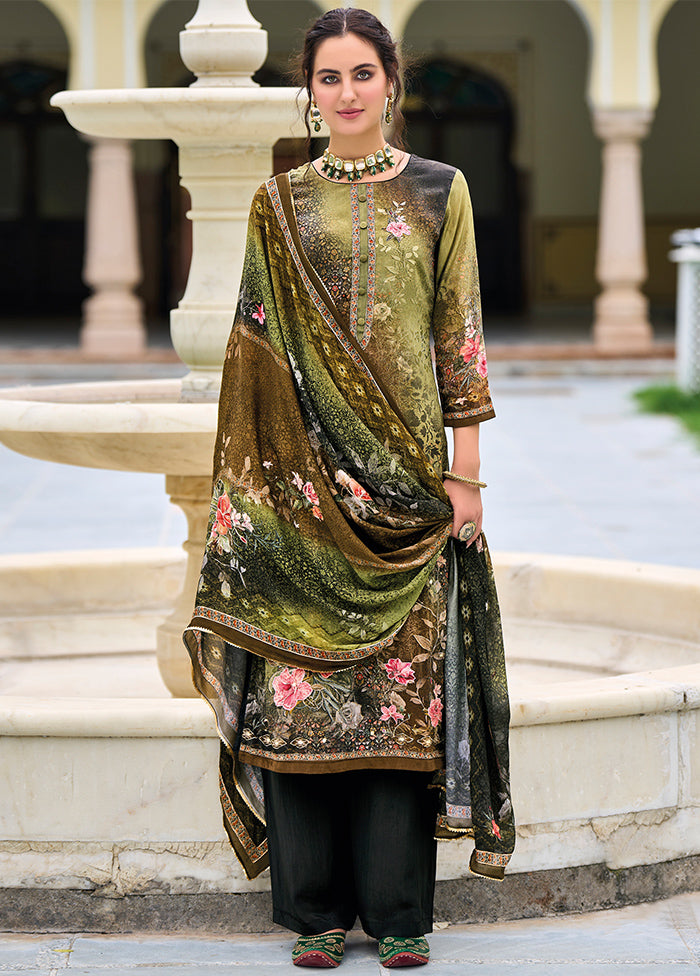 3 Pc Olive Green Unstitched Suit Set With Dupatta VDSL812225 - Indian Silk House Agencies