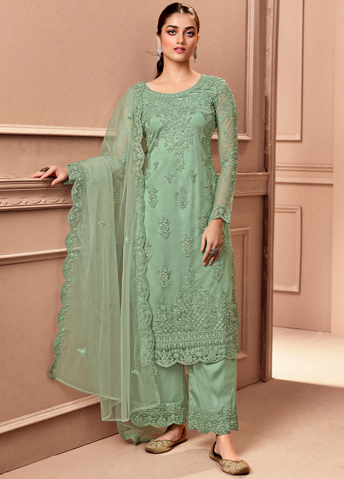 3 Pc Green Unstitched Net Floral Work Suit Set VDSL1312222 - Indian Silk House Agencies