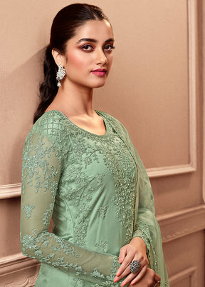 3 Pc Green Unstitched Net Floral Work Suit Set VDSL1312222 - Indian Silk House Agencies