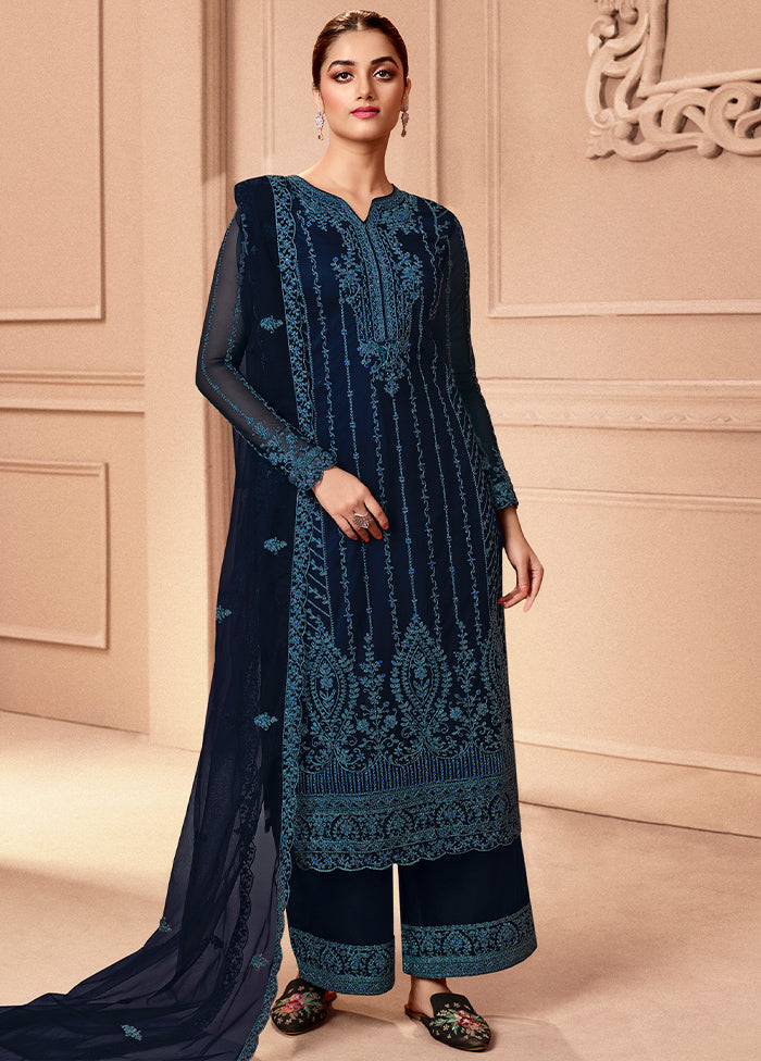 3 Pc Navy Blue Unstitched Net Floral Work Suit Set VDSL1312223 - Indian Silk House Agencies