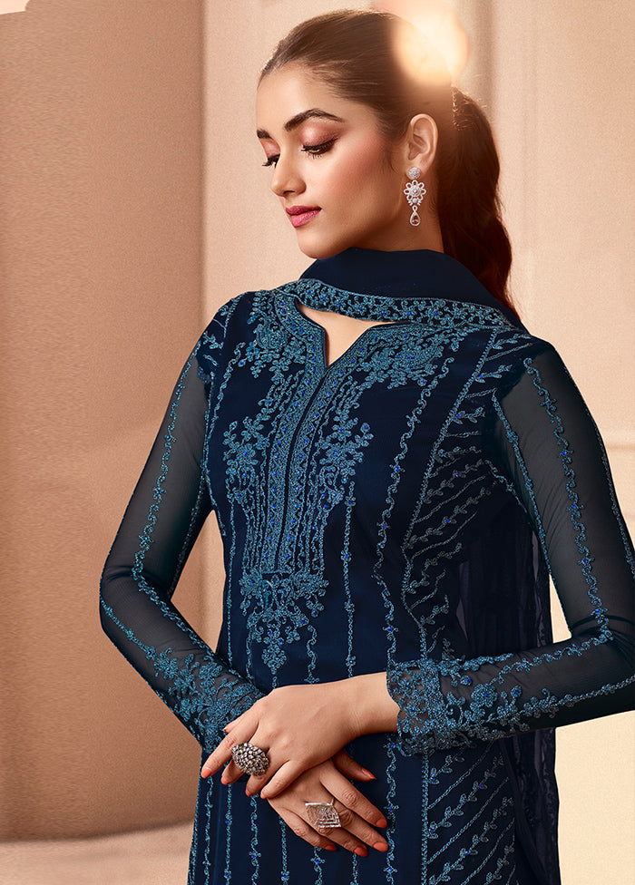 3 Pc Navy Blue Unstitched Net Suit Set