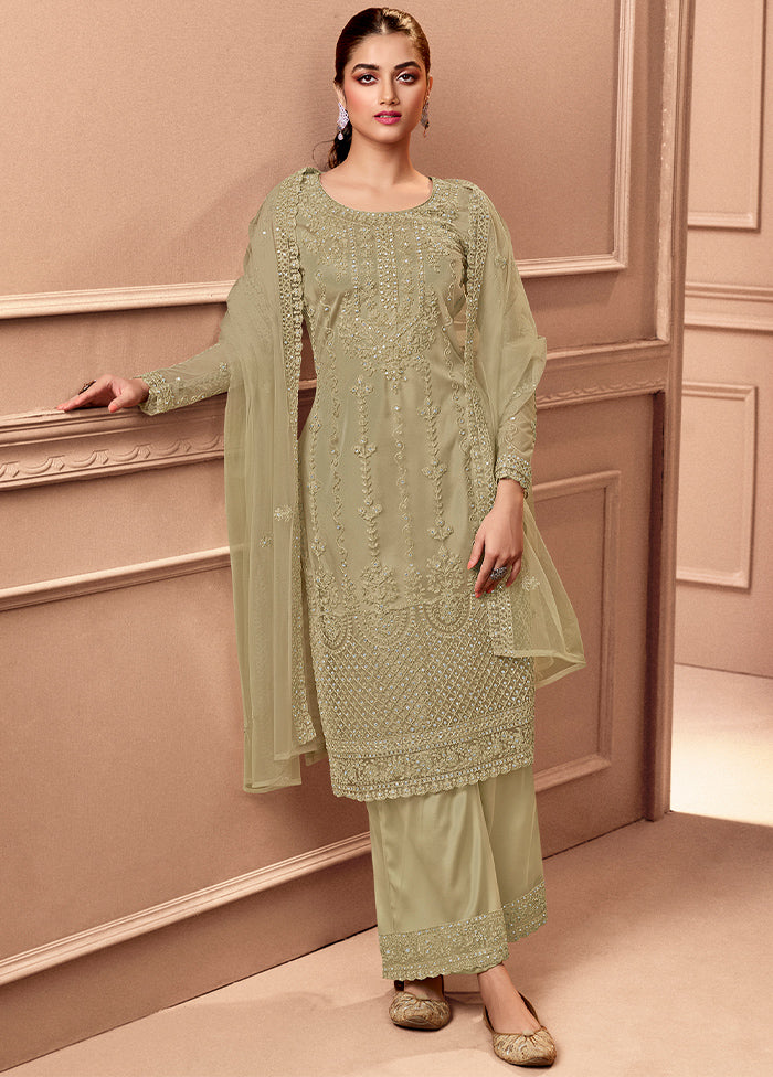 3 Pc Greyish Green Unstitched Net Floral Work Suit Set VDSL1312226 - Indian Silk House Agencies