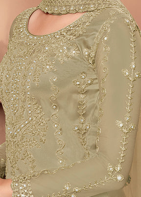 3 Pc Greyish Green Unstitched Net Floral Work Suit Set VDSL1312226 - Indian Silk House Agencies