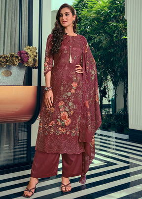 3 Pc Maroon Unstitched Cotton Suit Set