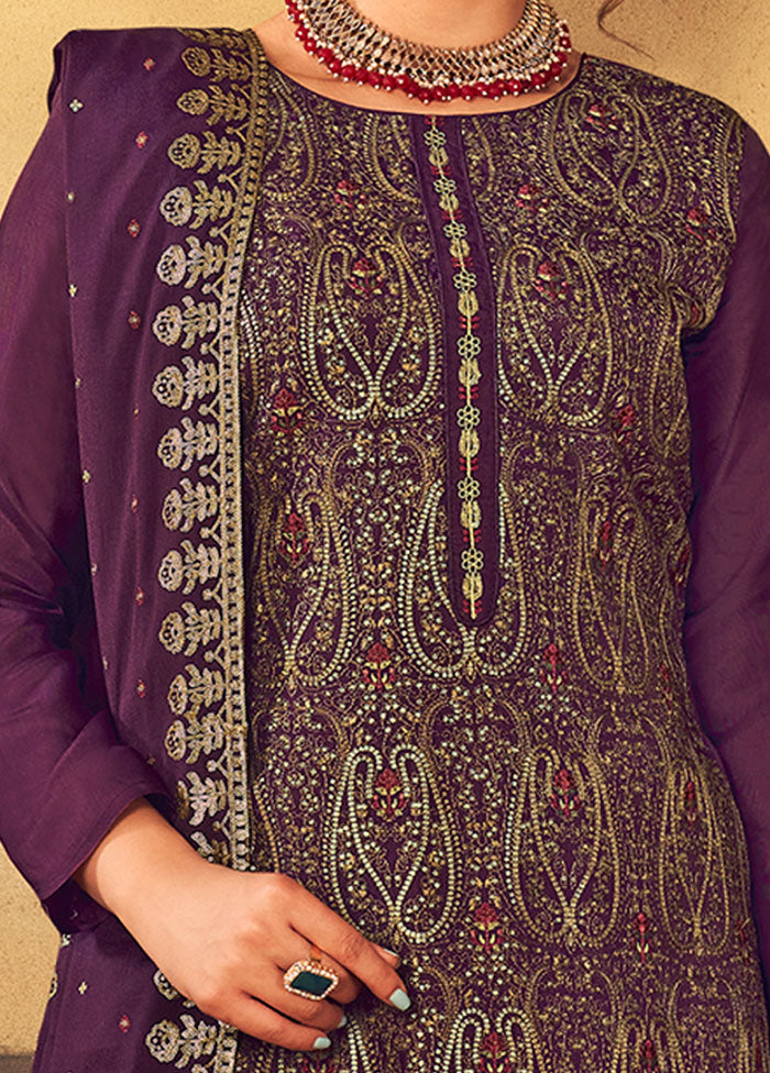 3 Pc Purple Unstitched Salwar Suit Set With Dupatta VDSL91231 - Indian Silk House Agencies