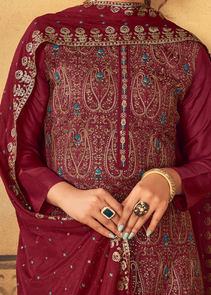 3 Pc Maroon Unstitched Salwar Suit Set With Dupatta VDSL91233 - Indian Silk House Agencies