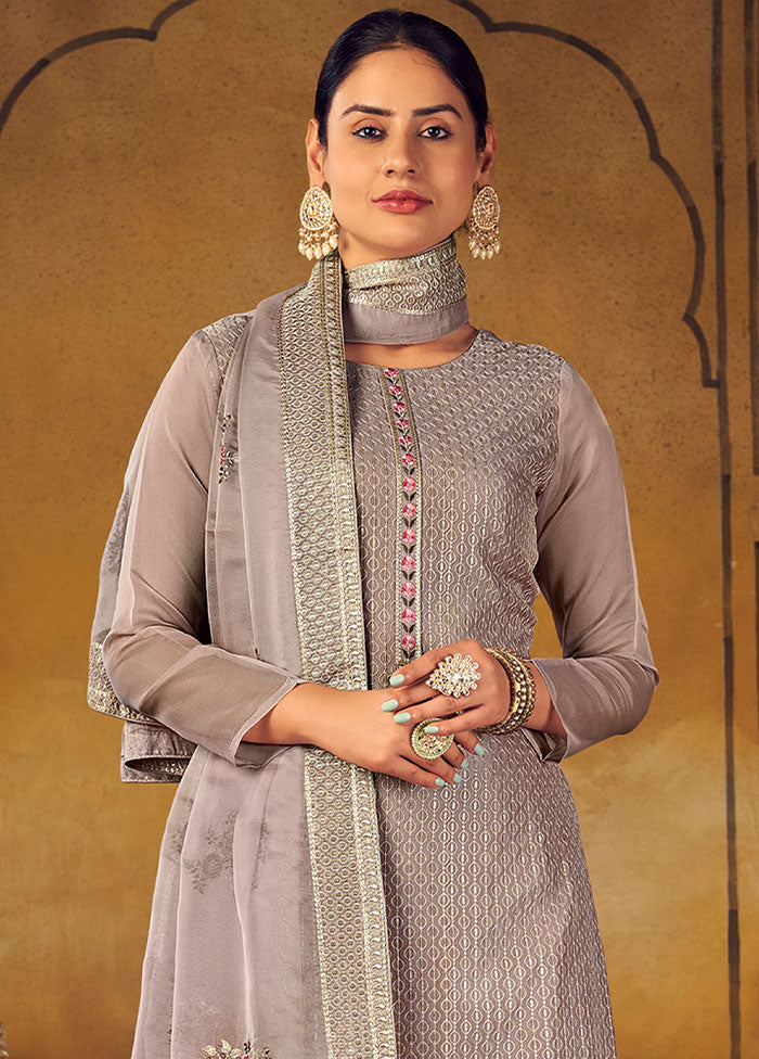 3 Pc Grey Unstitched Silk Suit Set With Dupatta VDSL1201233 - Indian Silk House Agencies