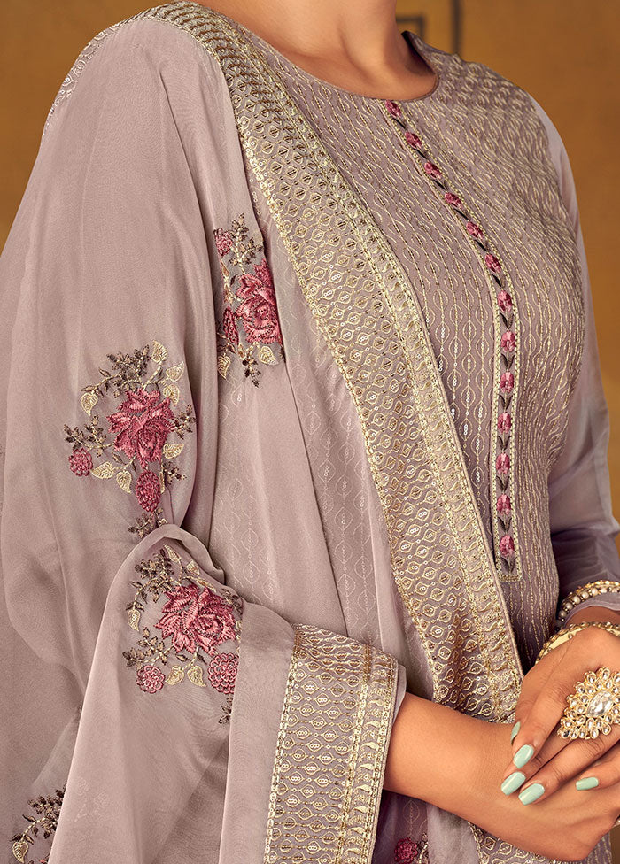 3 Pc Grey Unstitched Silk Suit Set With Dupatta VDSL1201233 - Indian Silk House Agencies