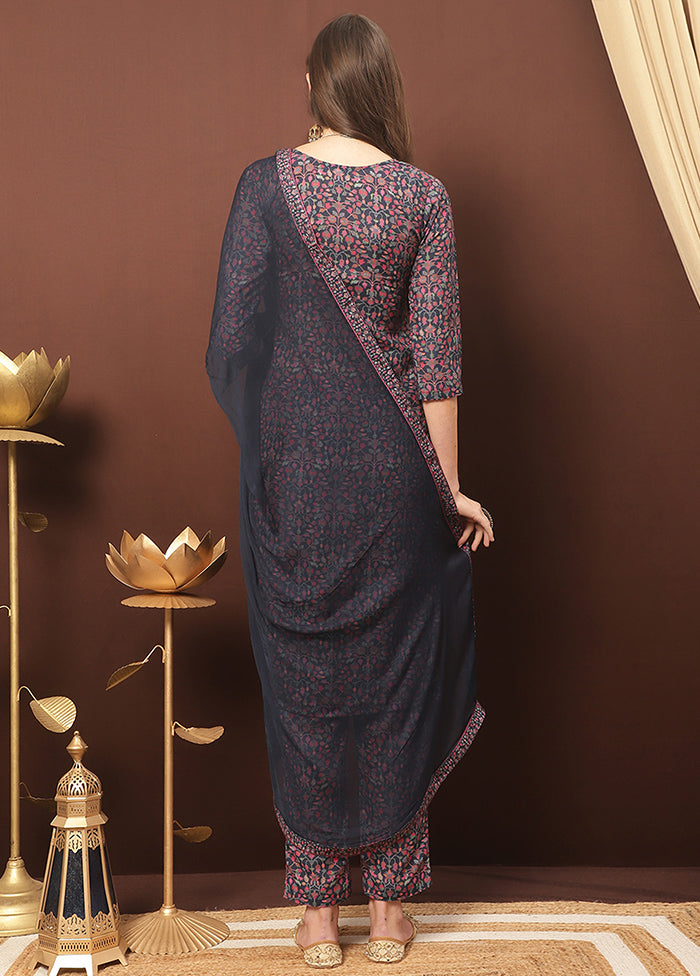 3 Pc Navy Blue Unstitched Silk Suit Set With Dupatta VDSL3001231 - Indian Silk House Agencies